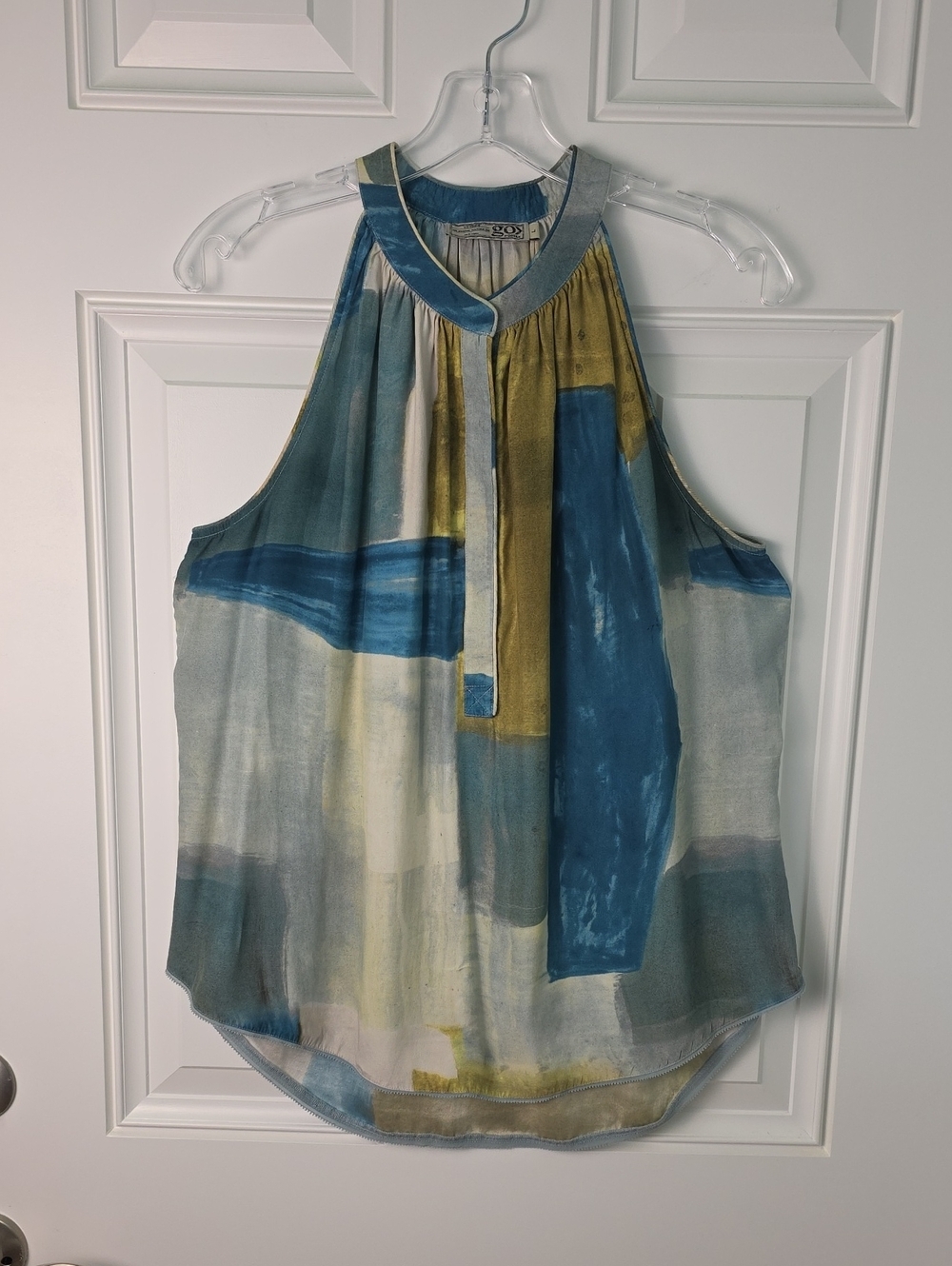 GO BY GO SILK Abstract Halter Camisole in Blue and Green.  Size Large